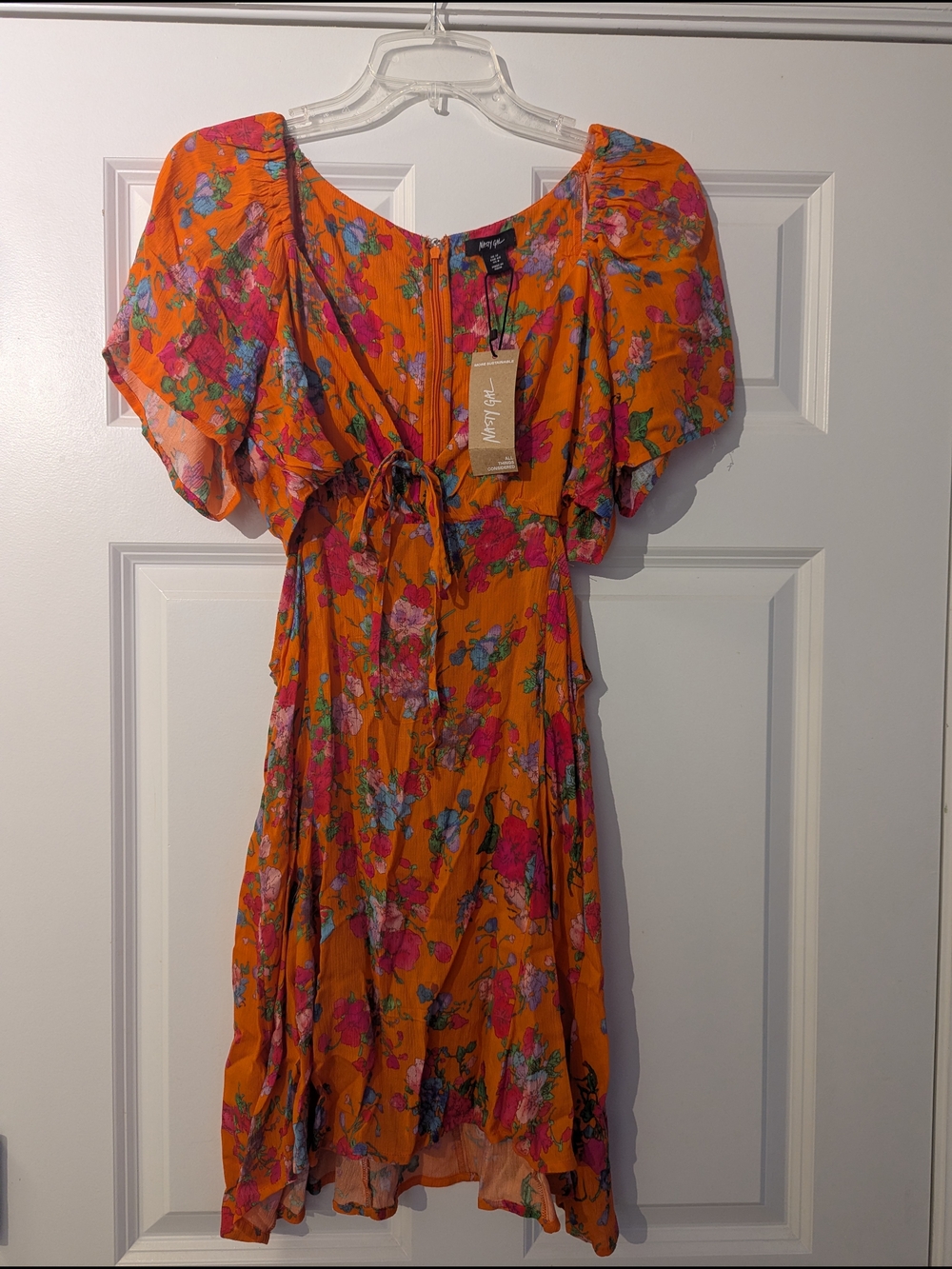 Nasty Gal Orange Floral Tie-Front Mini Dress